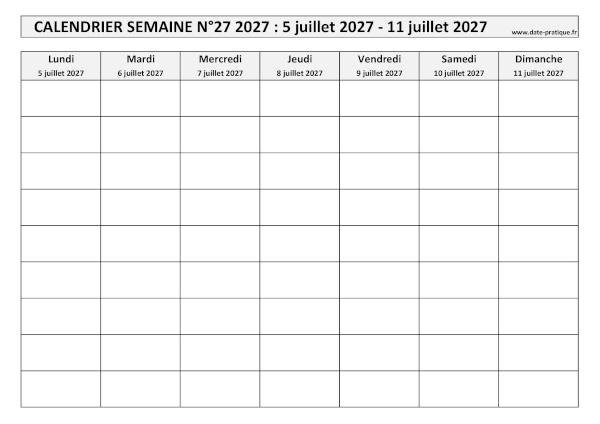 Calendrier pour la semaine 27 2027 à imprimer en noir et blanc, format A4 paysage.