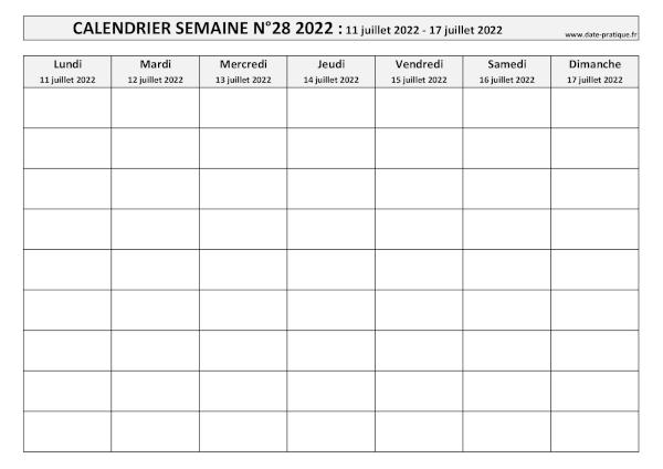 Calendrier pour la semaine 28 2022 à imprimer.