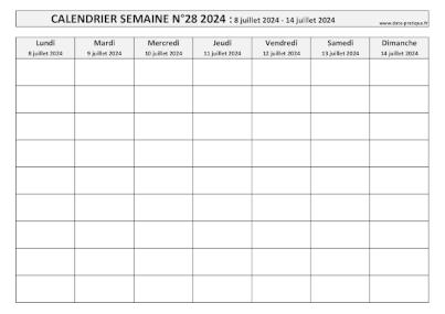 Calendrier pour la semaine 28 2024 à imprimer en noir et blanc, format A4 paysage.