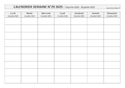 Calendrier pour la semaine 29 2025 à imprimer en noir et blanc, format A4 paysage.