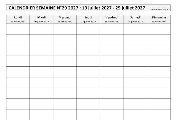 Calendrier pour la semaine 29 2027 à imprimer en noir et blanc, format A4 paysage.