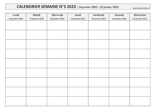 Calendrier pour la semaine 3 2023 à imprimer.