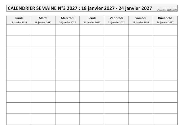 Calendrier pour la semaine 3 2027 à imprimer en noir et blanc, format A4 paysage.