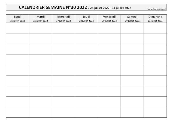 Calendrier pour la semaine 30 2022 à imprimer.