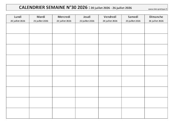Calendrier pour la semaine 30 2026 à imprimer en noir et blanc, format A4 paysage.