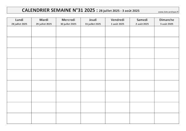Calendrier pour la semaine 31 2025 à imprimer.