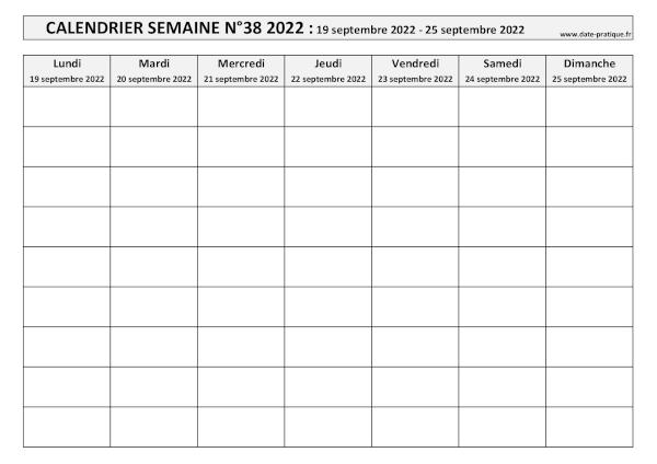 Calendrier pour la semaine 38 2022 à imprimer.