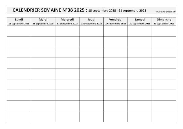 Calendrier pour la semaine 38 2025 à imprimer.