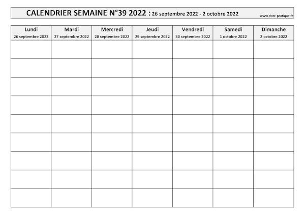 Calendrier pour la semaine 39 2022 à imprimer.