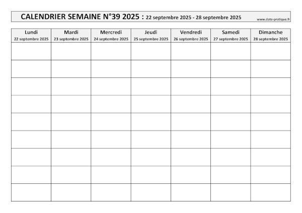 Calendrier pour la semaine 39 2025 à imprimer.