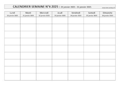 Calendrier pour la semaine 4 2025 à imprimer en noir et blanc, format A4 paysage.