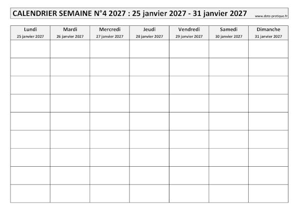 Calendrier pour la semaine 4 2027 à imprimer en noir et blanc, format A4 paysage.