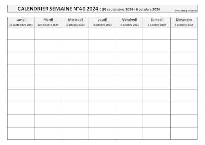 Calendrier pour la semaine 40 2024 à imprimer en noir et blanc, format A4 paysage.