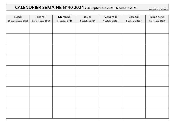 Calendrier pour la semaine 40 2024 à imprimer.