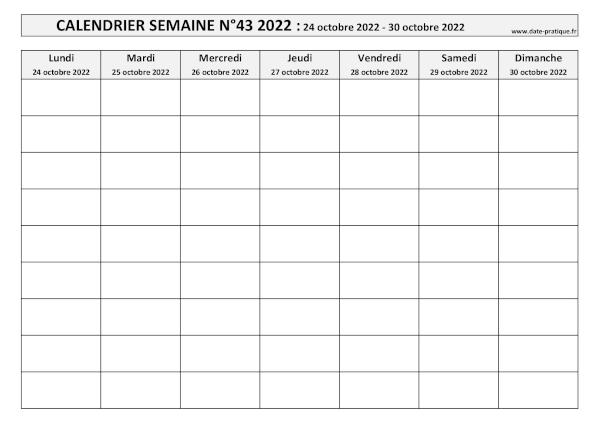 Calendrier pour la semaine 43 2022 à imprimer.