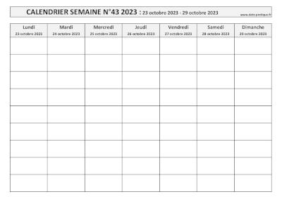 Calendrier pour la semaine 43 2023 à imprimer en noir et blanc, format A4 paysage.