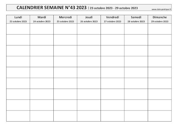Calendrier pour la semaine  43 2023 à imprimer.