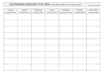 Calendrier pour la semaine 44 2024 à imprimer en noir et blanc, format A4 paysage.