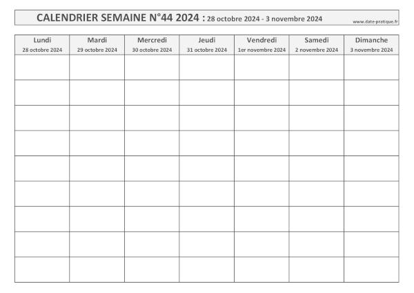 Calendrier pour la semaine  44 2024 à imprimer.