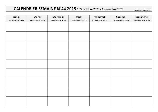 Calendrier pour la semaine  44 2025 à imprimer.