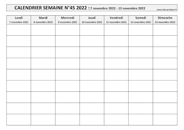 Calendrier pour la semaine 45 2022 à imprimer.