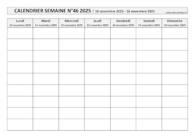 Calendrier pour la semaine 46 2025 à imprimer en noir et blanc, format A4 paysage.