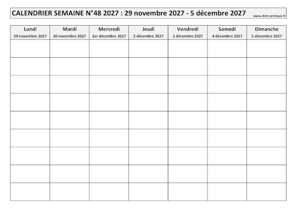 Calendrier pour la semaine 48 2027 à imprimer en noir et blanc, format A4 paysage.