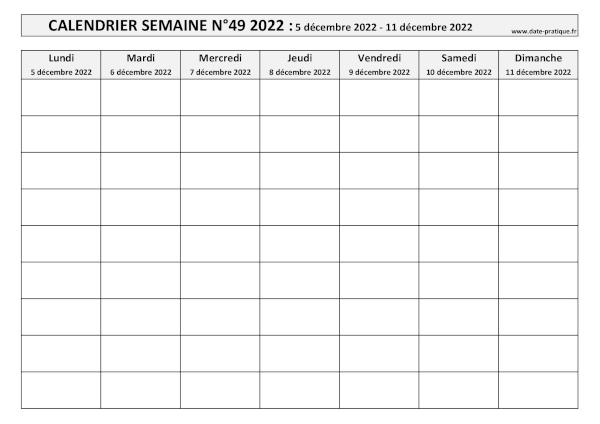 Calendrier pour la semaine 49 2022 à imprimer.