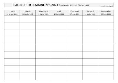 Calendrier pour la semaine 5 2023 à imprimer en noir et blanc, format A4 paysage.