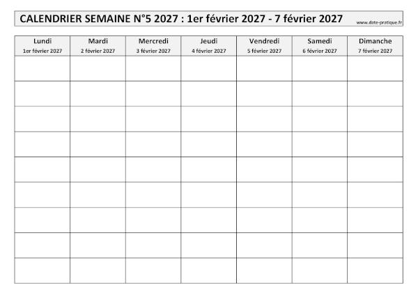 Calendrier pour la semaine 5 2027 à imprimer en noir et blanc, format A4 paysage.