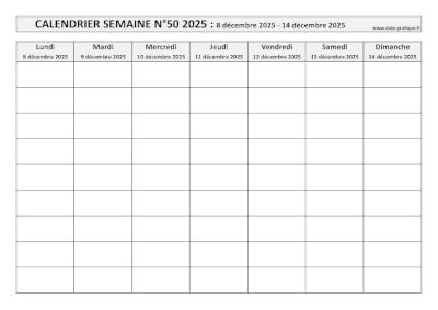 Calendrier pour la semaine 50 2025 à imprimer en noir et blanc, format A4 paysage.