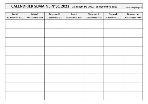 Calendrier pour la semaine 51 2022 à imprimer.