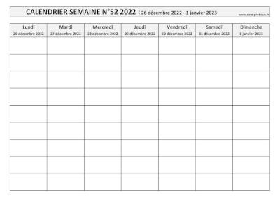 Calendrier pour la semaine 52 2022 à imprimer.