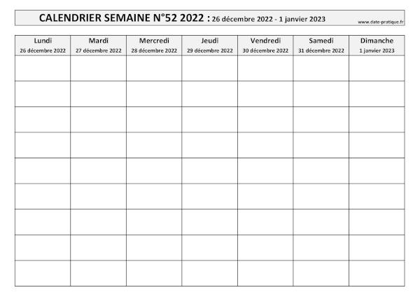 Calendrier pour la semaine 52 2022 à imprimer.