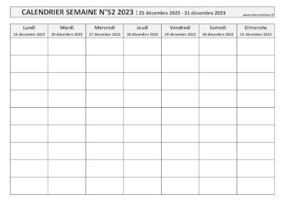Calendrier pour la semaine 52 2023 à imprimer en noir et blanc, format A4 paysage.