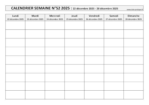 Calendrier pour la semaine 52 2025 à imprimer.