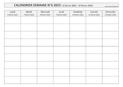 Calendrier pour la semaine 6 2023 à imprimer en noir et blanc, format A4 paysage.