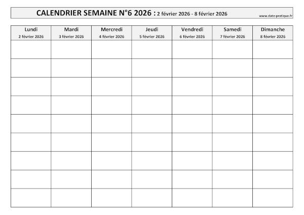 Calendrier pour la semaine 6 2026 à imprimer en noir et blanc, format A4 paysage.