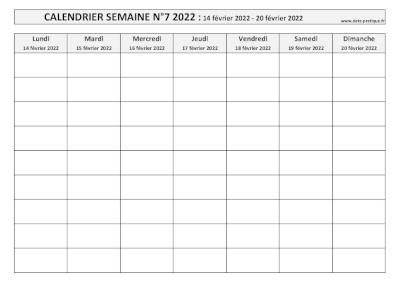 Calendrier pour la semaine 7 2022 à imprimer.