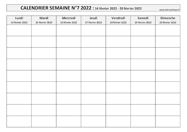 Calendrier pour la semaine 7 2022 à imprimer.
