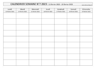 Calendrier pour la semaine 7 2023 à imprimer en noir et blanc, format A4 paysage.