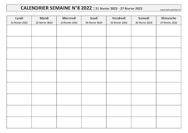 Calendrier pour la semaine 8 2022 à imprimer.