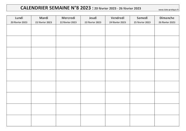 Calendrier pour la semaine 8 2023 à imprimer.