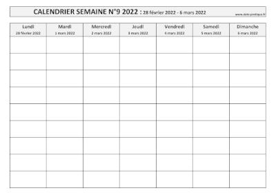 Calendrier pour la semaine 9 2022 à imprimer.