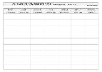 Calendrier pour la semaine 9 2024 à imprimer en noir et blanc, format A4 paysage.
