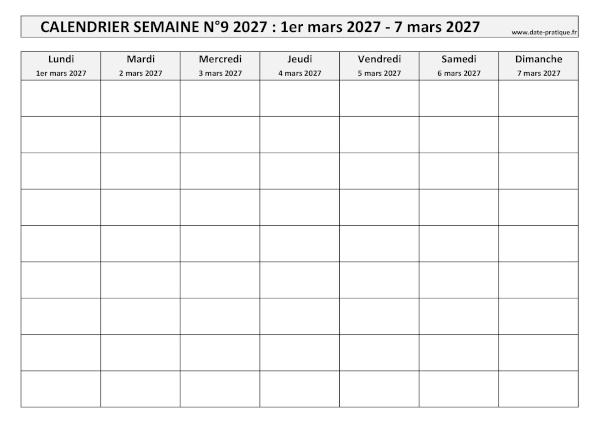 Calendrier pour la semaine 9 2027 à imprimer en noir et blanc, format A4 paysage.