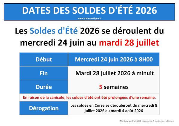Dates des soldes d'été 2026 - Infographie récapitulative.