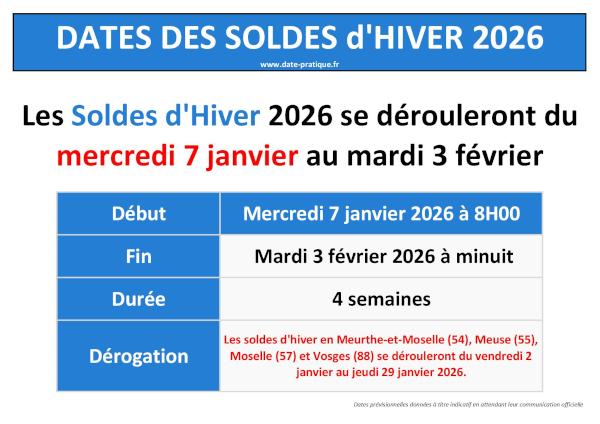 Dates des soldes d'hiver 2026 - Infographie récapitulative.