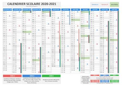 Calendrier scolaire 2020-2021 avec jours fériés