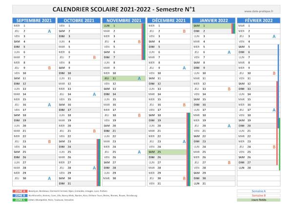 Calendrier scolaire 2021-2022 - Semestre N°1.